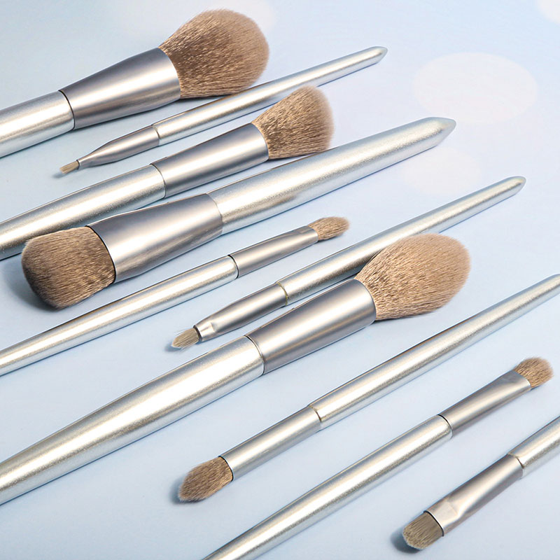 Silver makeup brush with leather bag